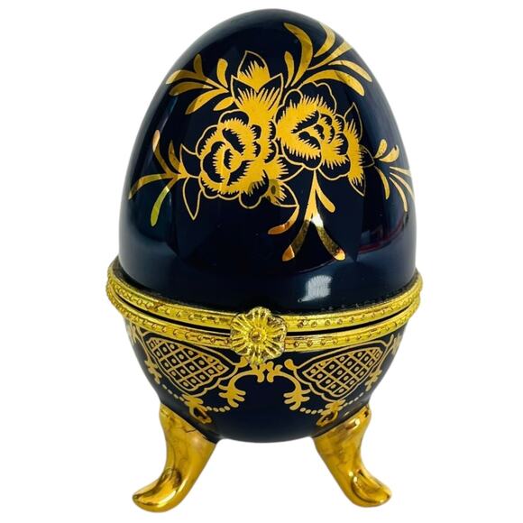 VTG Porcelain EGG TRINKET BOX Hinged LG 4” Cobalt Blue Gold Footed Ring Holder - Picture 7 of 7